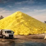 Global sulphur market supply chain showing refinery, sulphur stockpile, tanker truck and cargo ship during April 2026 price surge