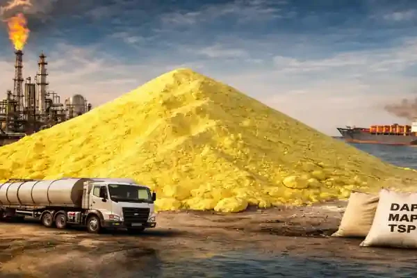 Global sulphur market supply chain showing refinery, sulphur stockpile, tanker truck and cargo ship during April 2026 price surge