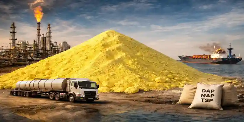 Global sulphur market supply chain showing refinery, sulphur stockpile, tanker truck and cargo ship during April 2026 price surge