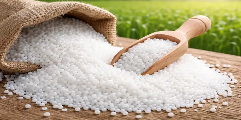 Urea Market Update April; Urea fertilizer granules in a burlap sack with wooden scoop on a farm field background