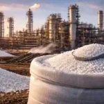 Urea fertilizer granules in bag with industrial fertilizer plant in background during sunset