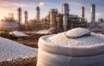 Urea fertilizer granules in bag with industrial fertilizer plant in background during sunset