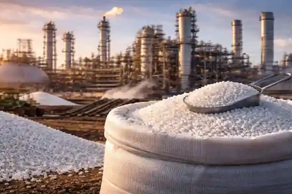 Urea fertilizer granules in bag with industrial fertilizer plant in background during sunset