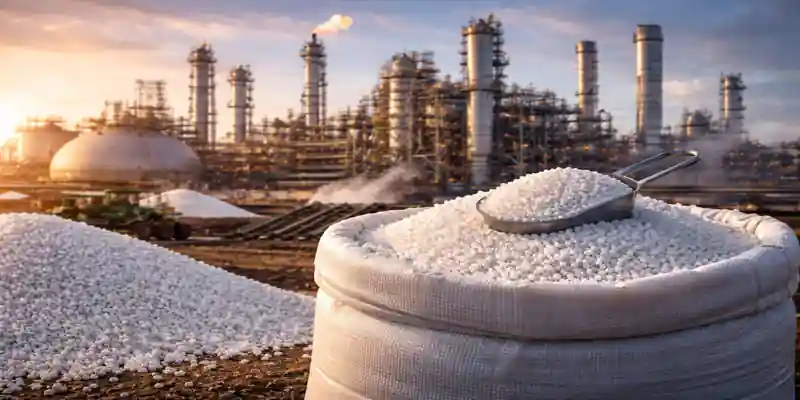 Urea fertilizer granules in bag with industrial fertilizer plant in background during sunset