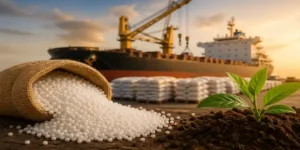 Urea fertilizer granules with cargo ship and port background symbolizing global fertilizer trade and imports