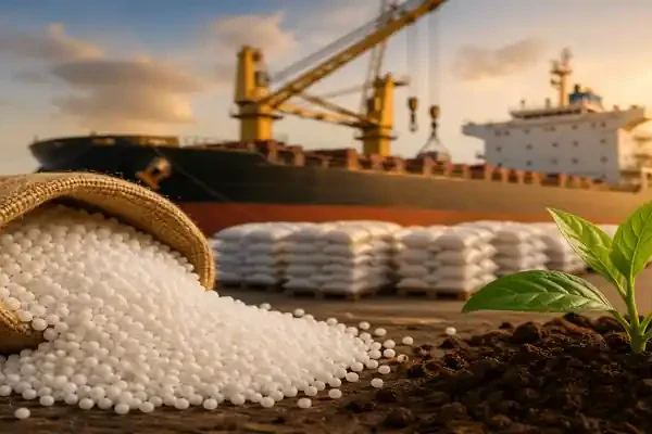 Urea fertilizer granules with cargo ship and port background symbolizing global fertilizer trade and imports
