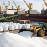 Indian urea import operation at port with cargo ship, cranes, and loader handling bulk granular urea for shipment