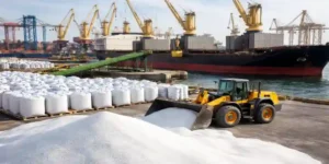 Indian urea import operation at port with cargo ship, cranes, and loader handling bulk granular urea for shipment