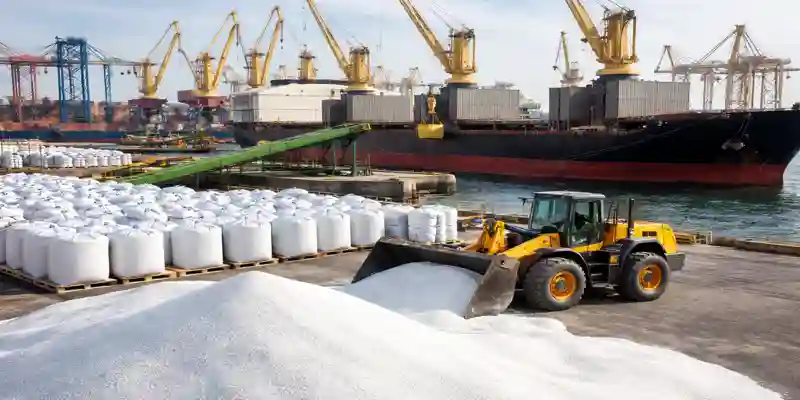 Indian urea import operation at port with cargo ship, cranes, and loader handling bulk granular urea for shipment