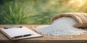 Urea fertilizer tender concept showing white urea granules with clipboard and pen representing global bidding and pricing analysis