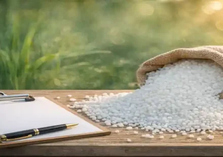 Urea fertilizer tender concept showing white urea granules with clipboard and pen representing global bidding and pricing analysis