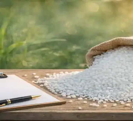 Urea fertilizer tender concept showing white urea granules with clipboard and pen representing global bidding and pricing analysis