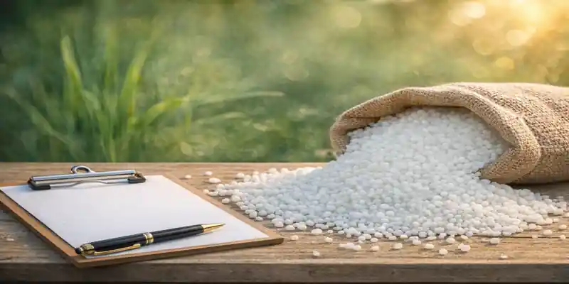 Urea fertilizer tender concept showing white urea granules with clipboard and pen representing global bidding and pricing analysis
