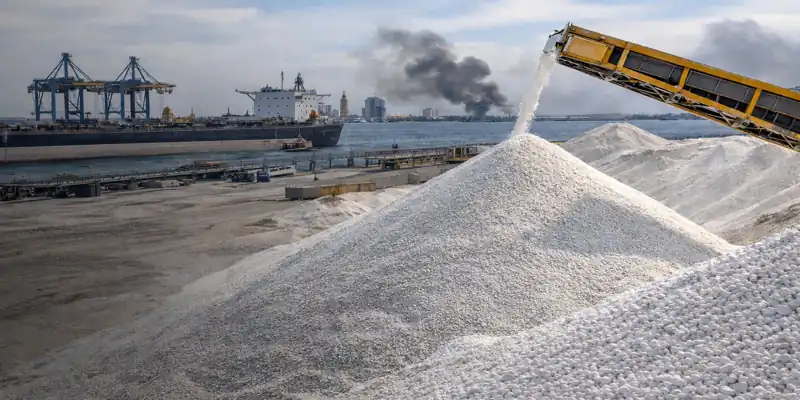 USA phosphate market export activity with fertilizer loading at industrial port