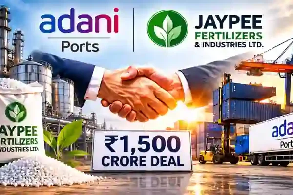 Adani Ports Jaypee Fertilizers deal image showing handshake, fertilizer plant, logistics containers, and Rs 1,500 crore acquisition for North India logistics expansion.