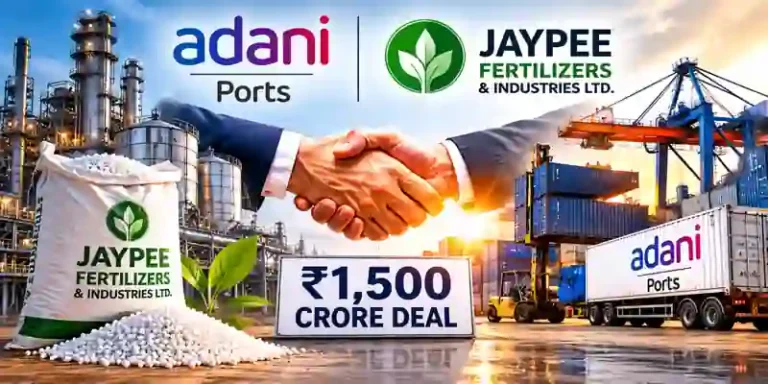 Adani Ports Jaypee Fertilizers deal image showing handshake, fertilizer plant, logistics containers, and Rs 1,500 crore acquisition for North India logistics expansion.