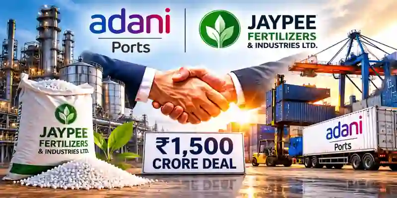 Adani Ports Jaypee Fertilizers deal image showing handshake, fertilizer plant, logistics containers, and Rs 1,500 crore acquisition for North India logistics expansion.