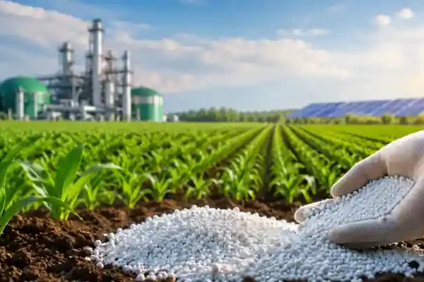 Low-carbon fertilizer application in agricultural field with renewable ammonia production facility in background
