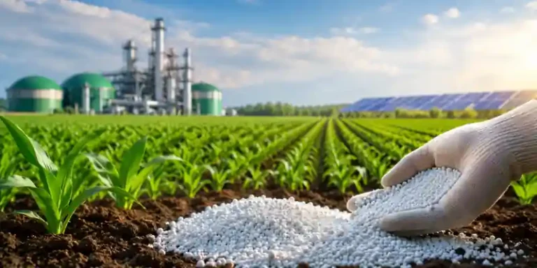 Low-carbon fertilizer application in agricultural field with renewable ammonia production facility in background