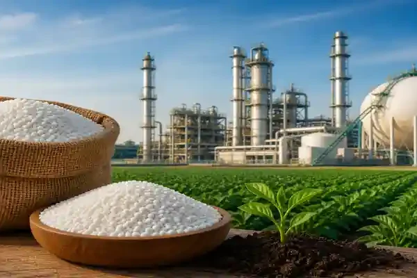 India fertilizer production plant with urea granules, crop field, and industrial facility in background