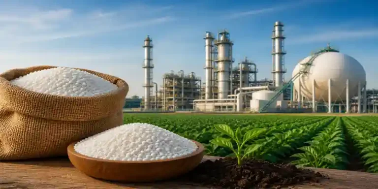 India fertilizer production plant with urea granules, crop field, and industrial facility in background
