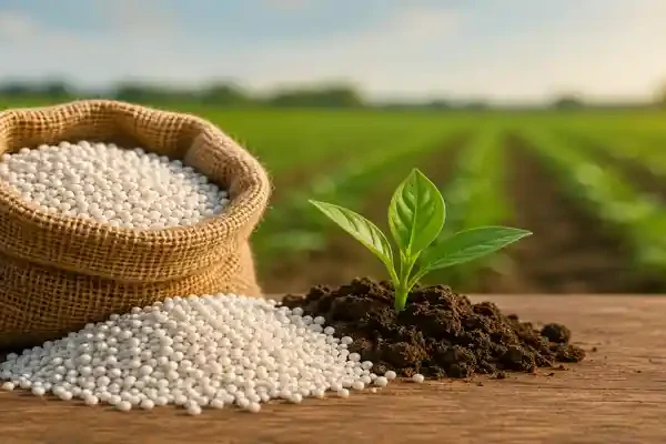 FACT fertilizer price hike image showing fertilizer granules, green crop plant, and agricultural field background amid rising raw material costs.
