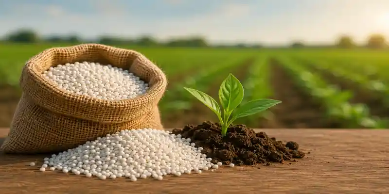 FACT fertilizer price hike image showing fertilizer granules, green crop plant, and agricultural field background amid rising raw material costs.
