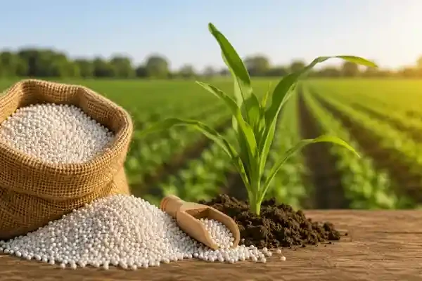 India fertiliser subsidy image showing fertilizer granules, crop field, and green plant symbolizing rising urea and DAP subsidy burden amid global price surge.