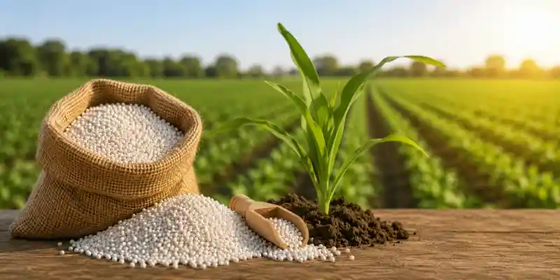 India fertiliser subsidy image showing fertilizer granules, crop field, and green plant symbolizing rising urea and DAP subsidy burden amid global price surge.