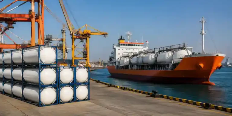 Ammonia cargo ship unloading fertilizer raw materials at industrial port terminal in India