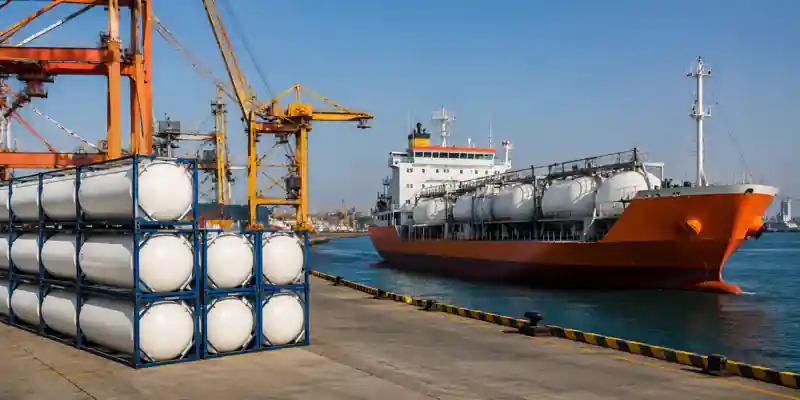 Ammonia cargo ship unloading fertilizer raw materials at industrial port terminal in India