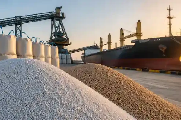 DAP fertilizer stockpiles and cargo ship at industrial port terminal during fertilizer import operations