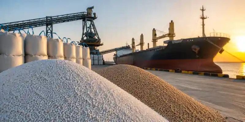DAP fertilizer stockpiles and cargo ship at industrial port terminal during fertilizer import operations