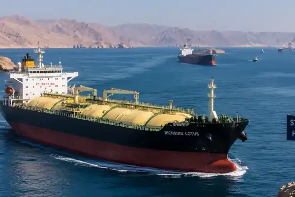 Sulphur cargo vessel passing through the Strait of Hormuz amid Middle East shipping disruptions