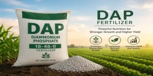 DAP fertilizer bag in a crop field with diammonium phosphate granules.