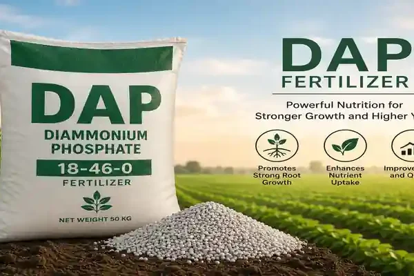 DAP fertilizer bag in a crop field with diammonium phosphate granules.