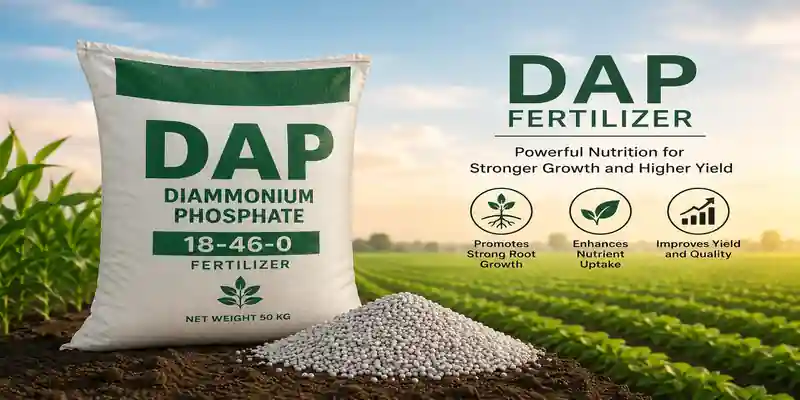 DAP fertilizer bag in a crop field with diammonium phosphate granules.