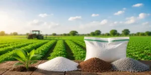 Fertilizer granules and bag in a lush farm field.
