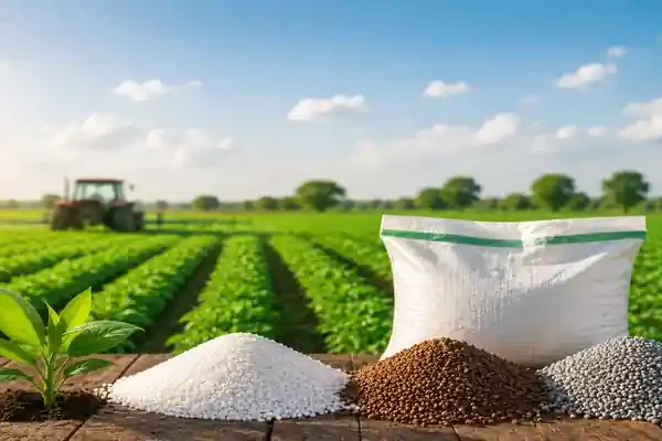 Fertilizer granules and bag in a lush farm field.