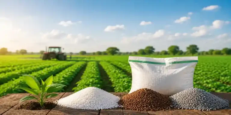 Fertilizer granules and bag in a lush farm field.