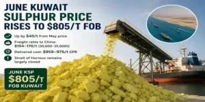 June Kuwait Sulphur Price increased to $805 per tonne FOB Kuwait amid higher freight costs and Strait of Hormuz shipping uncertainty.