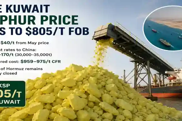 June Kuwait Sulphur Price increased to $805 per tonne FOB Kuwait amid higher freight costs and Strait of Hormuz shipping uncertainty.