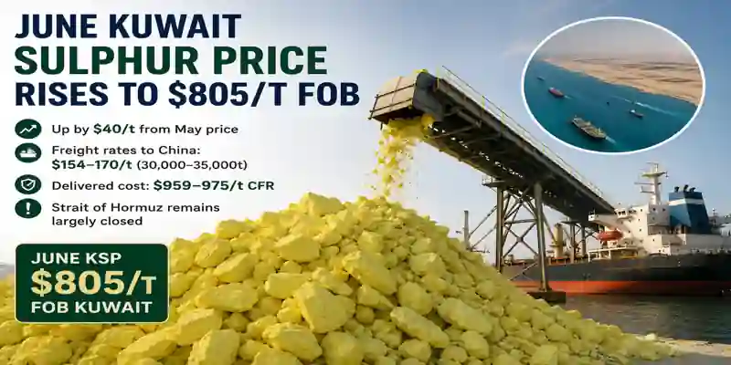 June Kuwait Sulphur Price increased to $805 per tonne FOB Kuwait amid higher freight costs and Strait of Hormuz shipping uncertainty.