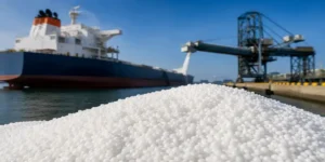 Urea cargo ship loading at port amid global urea market activity.