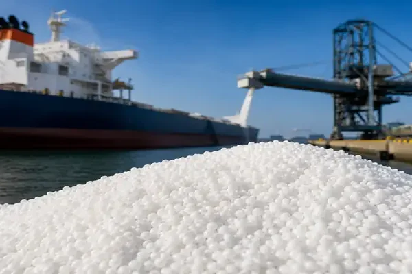 Urea cargo ship loading at port amid global urea market activity.