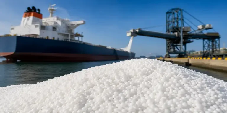 Urea cargo ship loading at port amid global urea market activity.